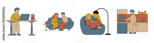 Flat Vector Remote Work and Home Leisure Character Illustration Asset Sheet for Modern Lifestyle Design