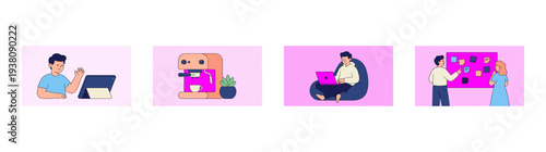 Flat Vector Remote Work and Agile Collaboration Illustration Set for Modern Office Culture