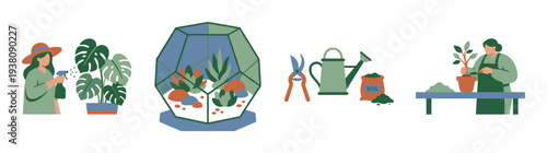 Flat Vector Indoor Gardening and Terrarium Care Element Kit for Urban Hobbyist Botanical Branding