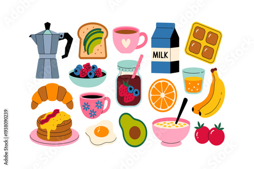 Breakfast Food and Morning Meal Color Icon Set. with Coffee Cup, Milk Carton, Pancakes, Croissant, Avocado Toast, Fruits, Cereal Bowl and Healthy Breakfast Elements Vector Illustration