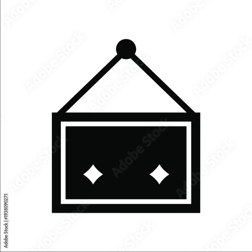 Hanging signboard silhouette vector illustration, black rope-suspended rectangular plaque with diamond details for shop cafe boutique home decor designs