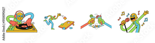 Flat Vector Retro Cartoon Party Activities Graphic Set for Social Event Planning and Celebration Decor