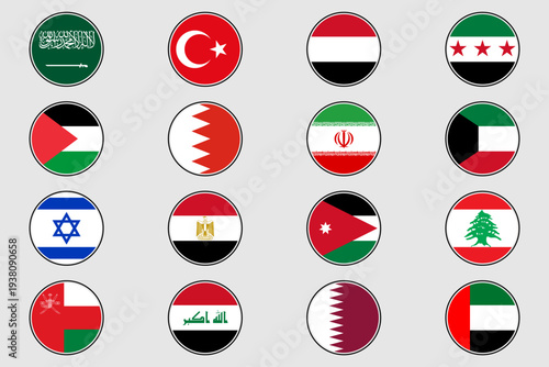 Flags of the countries of the Middle East. Geography, atlas, world, travel
