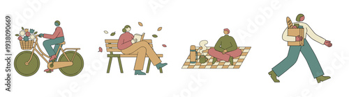 Flat Vector Cozy Autumn Lifestyle Character Graphic Set for Seasonal Wellness and Outdoor Leisure Projects