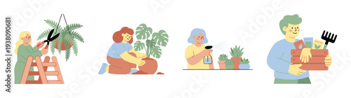 Flat Vector Gardening and Plant Care Character Illustration Set for Urban Jungle Lifestyle and Botany Hobbyists