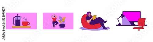Flat Vector Lifestyle and Productivity Element Kit for Remote Work and Wellness Design