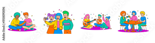 Flat Vector Diverse Gen Z Friends Lifestyle Illustration Element Kit for Social Connection and Community