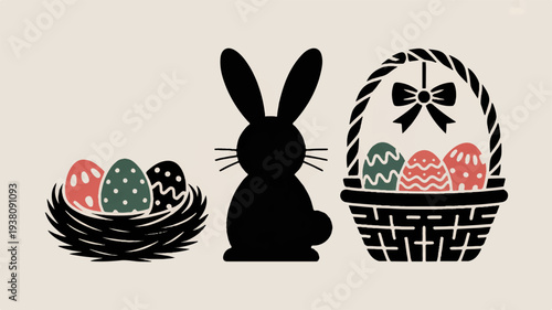 Easter bunny and eggs in nest and basket on beige background holiday symbols