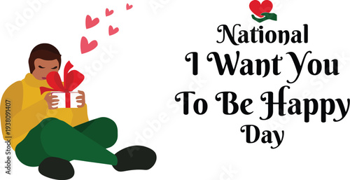 Man receiving a gift with hearts, celebrating National I Want You To Be Happy Day.