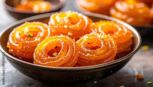 Sweet swirls of vibrant orange dessert sit in a rustic bowl, adorned with tiny, colorful garnish