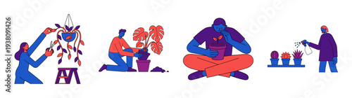 Flat Vector Gardening and Plant Care Character Element Kit for Urban Jungle Botanical Hobby Content