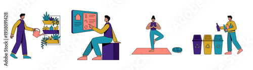 Flat Vector Sustainable Lifestyle Characters Element Kit for Modern Eco-Friendly Home Living Concepts