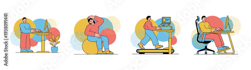 Flat Vector Ergonomic Home Office Activities Graphic Set for Workplace Wellness and Remote Productivity