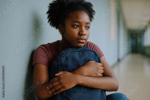 Teenager backpack sitting hugging thinking indoors hallway portrait