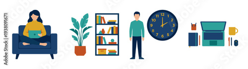 Flat Vector Remote Work and Home Office Asset Sheet for Productivity and Lifestyle Themes