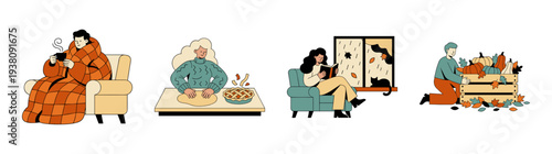 Flat Vector Cozy Autumn Lifestyle Illustration Element Kit for Hygge Seasonal Marketing