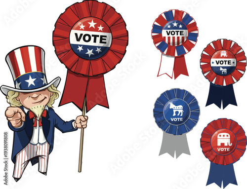 Uncle Sam holding vote ribbon, promoting election and voting with party symbols.