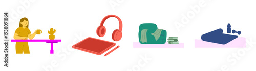 Flat Vector Remote Work and Wellness Graphic Set for Productivity and Self-Care Lifestyle