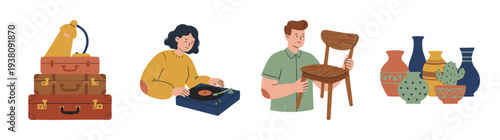 Flat Vector Vintage Lifestyle Elements Graphic Set for Secondhand Market and Antique Collecting