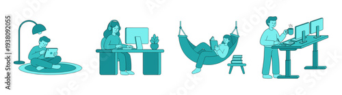 Flat Vector Remote Work Lifestyle Illustration Set for Ergonomic Home Office and Freelance Career Concepts