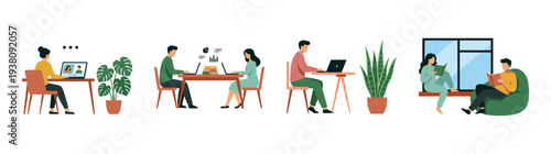 Flat Vector Remote Workers and Students Character Asset Sheet for Modern Telecommuting and Education Themes