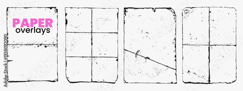 Wrinkled folded paper texture set with vinyl paper overlay. Creases and bends on blank sheets. Rough aged surface for posters covers and mockups. Vector illustration.