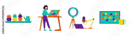 Flat Vector Creative Workspace Professional Assets Graphic Set for Remote Content Creation