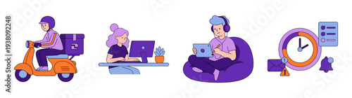 Flat Vector Remote Work and Delivery Service Asset Sheet for Gig Economy Productivity