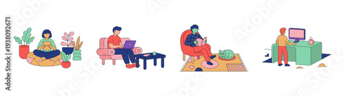 Flat Vector Remote Working Characters Graphic Set for Modern Productivity and Home Office Lifestyle