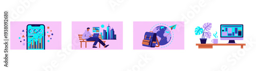 Flat Vector Remote Work and Digital Nomad Illustration Element Kit for Modern Freelance Business Marketing