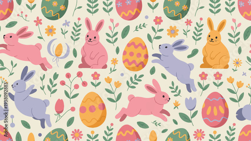 Colorful easter bunnies and eggs in floral pattern on white background springtime celebration