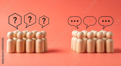 Collection of figurines with thought bubbles and question marks representing discussion and inquiry in a collaborative setting with multiple participants