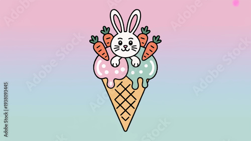 Cartoon bunny with ice cream cone treats colorful pastel background