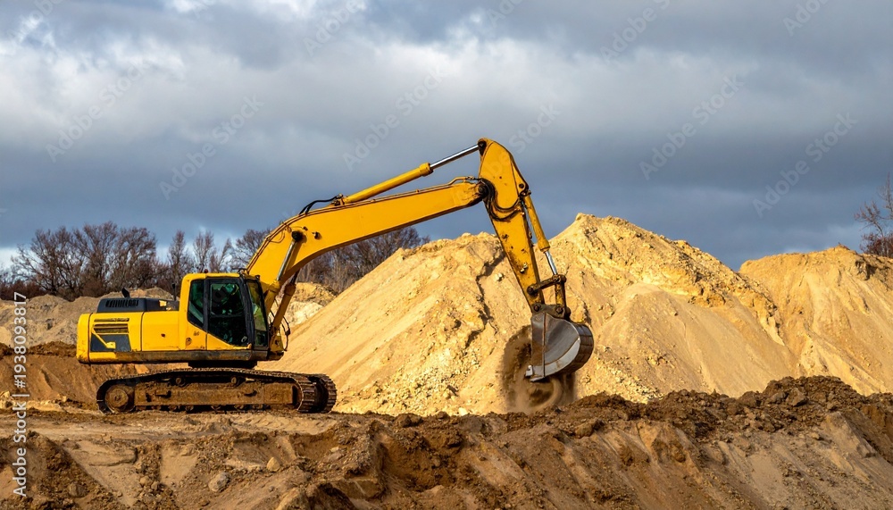 Obraz premium Side View of a Powerful Yellow Excavator Digging into Earth at an Industrial Construction Site Under a Dramatic Sky