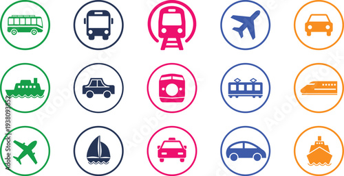 Transportation icons set buses trains cars boats airplanes and more in various colors