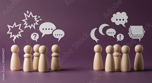 Group of wooden figurines with thought bubbles and speech bubbles illustrating communication and idea sharing in a collaborative discussion setting from a front viewpoint