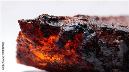 Macro Shot of a Charred and Caramelized Food Texture with Deep Orange Glow and Burnt Crust Isolated on White Background