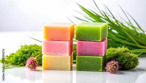 Colorful handmade artisanal soaps stacked with fresh natural botanicals and flowers.