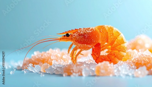 Single cooked shrimp on ice with blue background studio shot.