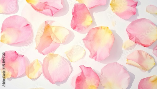 Soft pink and yellow rose petals scattered on a clean white background.