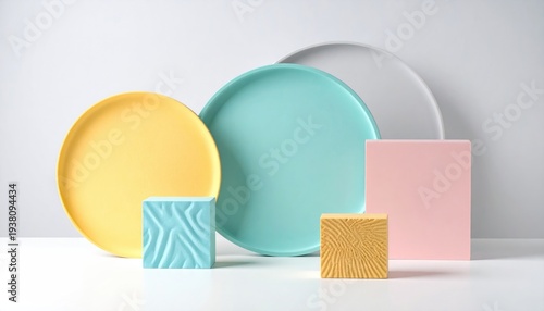 Minimalist composition of colorful geometric shapes and plates on a clean background.