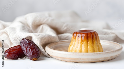 Delicious Caramel Custard Pudding Served with Sweet Dried Date
