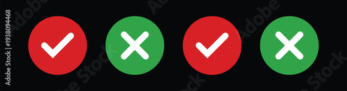 Green check mark, red cross mark icon set. Isolated tick symbols, checklist signs, approval badge. Flat and modern checkmark design, vector illustration.