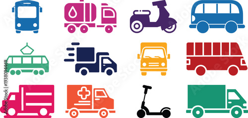 Urban transportation icons set including buses trucks scooters and emergency vehicles in various colors