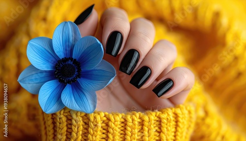 Elegant hand with perfect black manicure holding a vibrant blue flower against a cozy yellow knitted sweater.