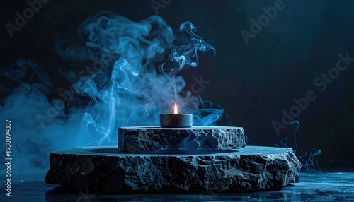 Mysterious blue smoke engulfs a single lit candle on a stone pedestal.