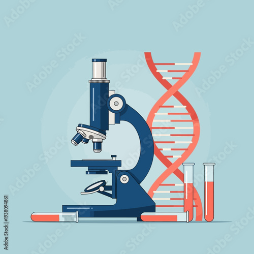 Microscope, DNA helix, and test tubes: scientific research and biotechnology concept