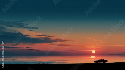 A solitary car silhouette parked by the ocean at sunset