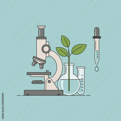 Microscope, plant, and lab equipment for scientific research and biology study