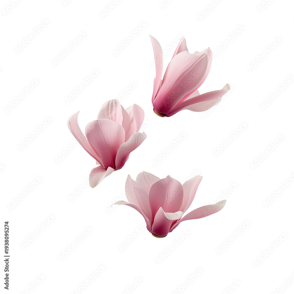 Obraz premium Three Delicate Pink Magnolia Blossoms Floating Artfully on White Background